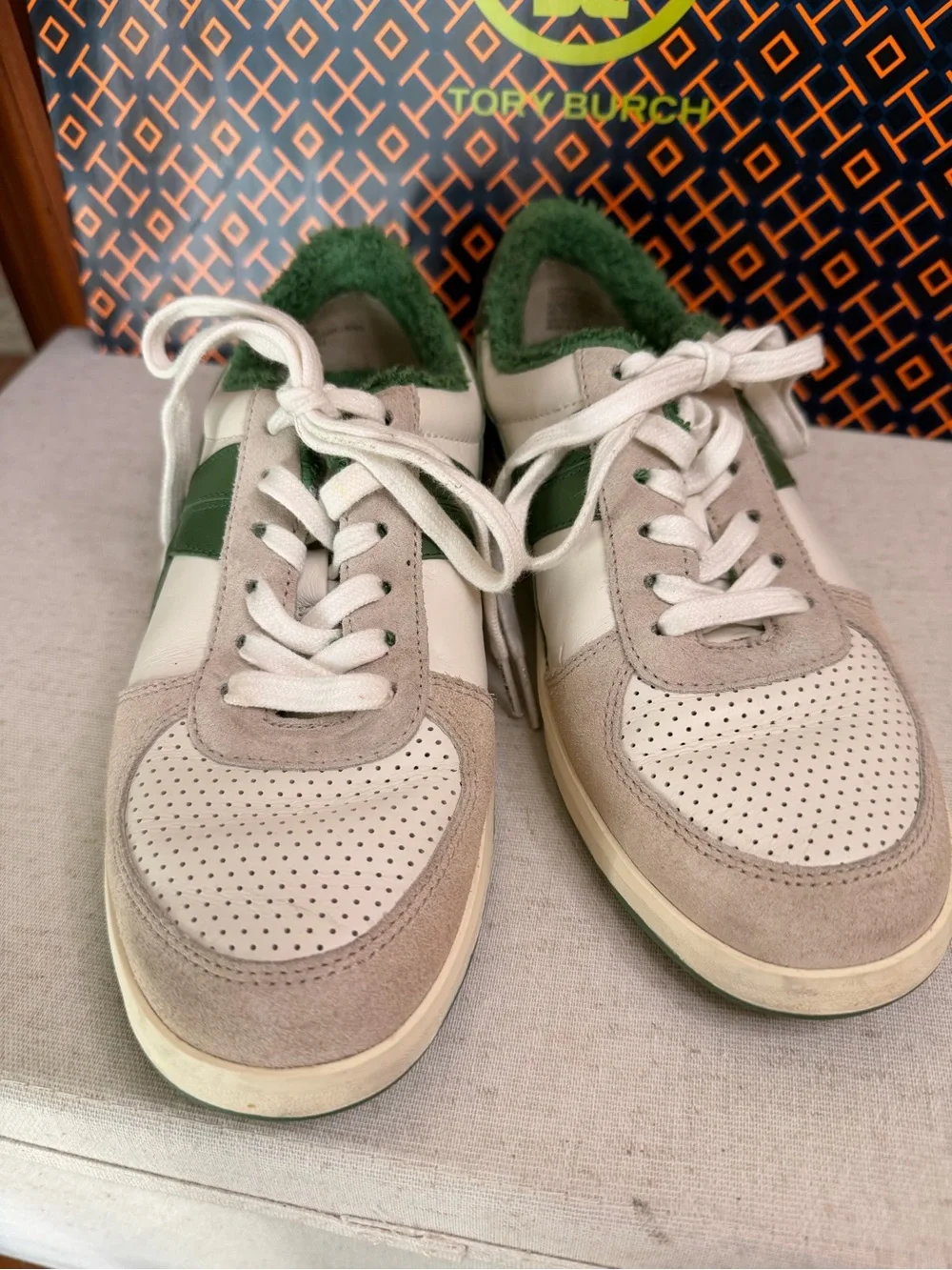 Tory Burch Women’s Low-Top Leather & Suede Sneakers — White & Green